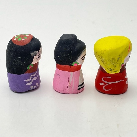 VINTAGE Hand Painted Kokeshi 1” Clay Dolls Lot of 3 - Picture 4 of 10
